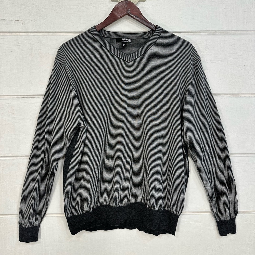 Men’s Murano Extra Fine Merino Wool Grey Striped Sweater Sz XL